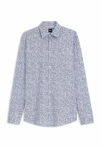 Lichtblauwe lange mouwen shirt met een kleine bloemenprint, button-down kraag en knoopsluiting. Gemaakt van lichtgewicht stof met een gladde textuur.