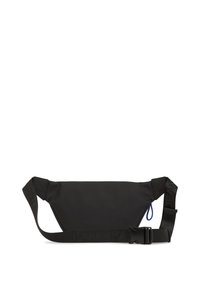 Schwarze Nyltontasche mit schlanker, rechteckiger Form, ausgestattet mit einem strukturierten Gürtel und blauen Akzentdetails. Verstellbarer Gürtel mit Schnallenverschluss.