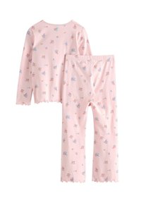 Set di pigiama in cotone rosa con maniche lunghe e pantaloni, decorato con una stampa floreale in blu e rosso, con bordi smerlati.