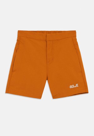 Hnedo-oranžové ležérne šortky s elastickým pásom a bočnými vreckami, s logom Jack Wolfskin na spodnej časti nohy.
