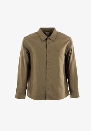 Oliven grøn langærmet skjorte lavet af bomuld, med en knap-ned krave, front knaplukning og et lille logo på brystet.