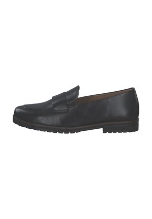 Des mocassins en cuir noir présentent une pointe arrondie, des accents cousus, une fente pour pièce de monnaie et une semelle en caoutchouc texturé. Le design est discret et se chausse facilement.