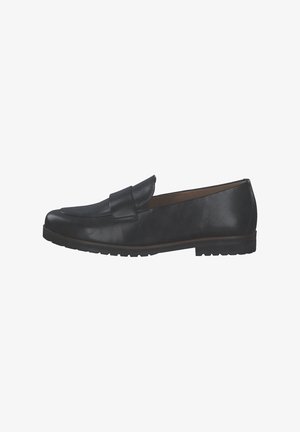 Black leather loafers feature a rounded toe, stitched accents, a penny slot, and a textured rubber sole. The design is low-profile and slip-on.