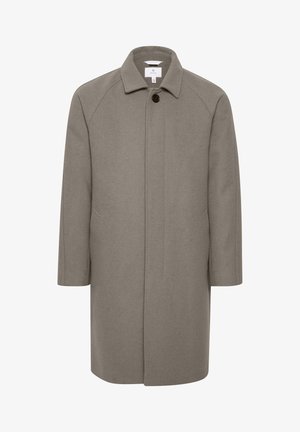 Siv plašč iz volne s ravnim krojem, raglan rokavi, črn gumbasti zapor in dva stranska žepa. Enostaven dizajn brez vzorcev.