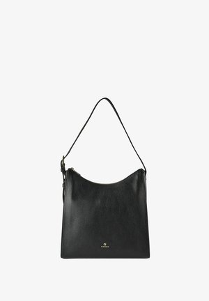 Schwarze Leder-Schultertasche mit strukturierter Oberfläche, geschwungenem oberen Rand und einfachem Reißverschluss. Verfügt über einen schmalen, verstellbaren Riemen.