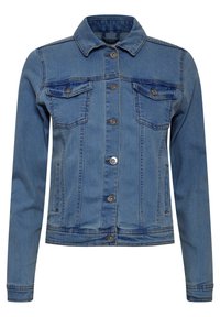 Denim jakna v svetlo modri barvi, ki ima ovratnik, dve prsni žep, sprednje zapiranje na gumb in kontrastno šivanje ob šivih.
