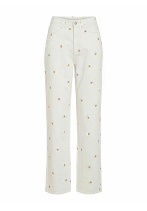 Jean blanc taille haute à jambe droite avec de petits motifs d'étoiles dorées brodées dispersés sur le tissu.