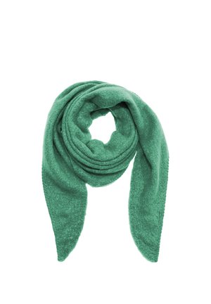 Green, soft, textured scarf with a circular design, featuring long tapered ends. Material appears plush and cozy, suitable for winter wear.