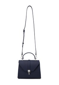 Borsa strutturata blu navy realizzata in materiale sintetico, con manico superiore, tracolla staccabile e dettagli in metallo argentato.