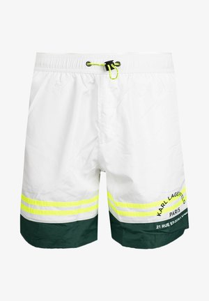 Białe kąpielówki z ciemnozielonym wykończeniem, z poziomymi neonowymi żółtymi paskami i nadrukowanym tekstem oraz logo z przodu. Elastyczny pas.