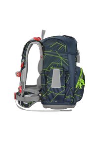 Zaino blu navy con pattern geometrici verdi, dettagli grigi, numerosi scomparti, spallacci regolabili e una superficie testurizzata.