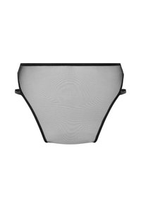 Zwarte mesh bikini onderkant met een doorschijnende textuur en een elastische tailleband. Bevat minimale zijkanten en een glad, naadloos ontwerp.