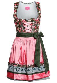 Dirndl jurk met een bloemen-bodice in donkergroen, een rooskleurige satijnen rok, een groene stippenriem en decoratieve borduursels langs de zoom.