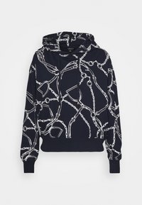 Marinblå sweatshirt med en cropped design, prydd med ett vitt kedjemönster. Den har huva och långa ärmar med ribbade muddar.