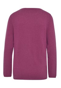 Lila Strickpullover mit langen Ärmeln und Rundhalsausschnitt, mit glatter Textur und einfarbig, ohne Muster oder Verzierungen.