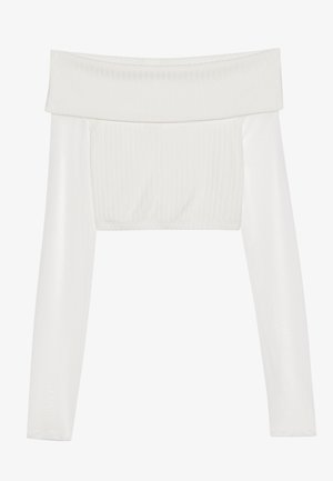 Haut court blanc décolleté avec des manches longues, texture côtelée sur le corps, manches lisses et bande élastique à l'ourlet.