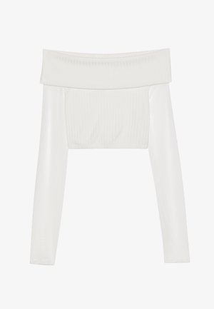 Weißes, schulterfreies kurz geschnittenes Oberteil mit langen Ärmeln, gerippter Textur am Oberkörper, glatten Ärmeln und elastischem Saum.