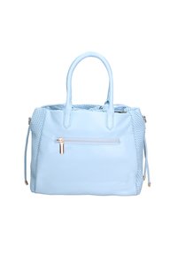 Borsa a mano azzurro chiaro realizzata in pelle liscia con dettagli intrecciati. Presenta due manici, una tasca con zip e ferramenta dorata.