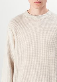 Light beige knit sweater with a ribbed crew neckline, textured pattern, and long sleeves. Material appears soft and breathable.
