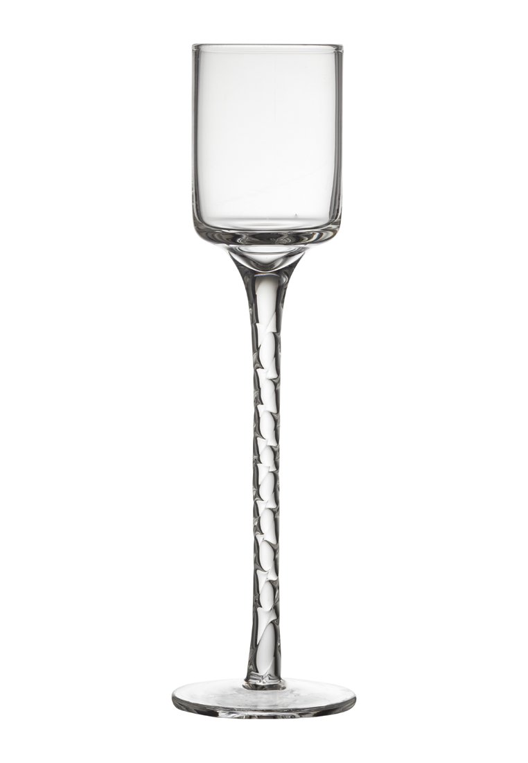 Klare Glasflöte mit einer zylindrischen Schale, einem strukturierten Stiel mit erhabenen ovalen Mustern und einer runden Basis. Elegantes und minimalistisches Design.