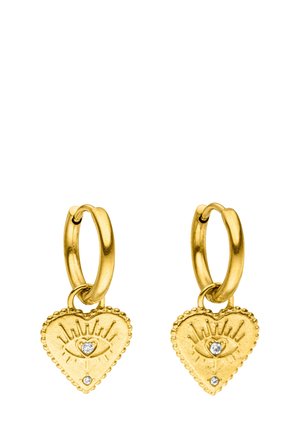 Gold hoop earrings with heart-shaped pendants featuring an engraved eye design and two small embedded clear gemstones each.