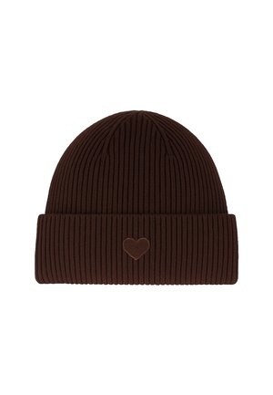 Dark brown ribbed knit beanie with folded cuff and small heart embroidery centered on the cuff.