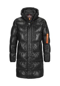 Schwarze Präriejacke mit Kapuze, glänzender Oberfläche, Steppdesign, Reißverschlusstaschen und einem orangefarbenen Akzentband am Ärmel.