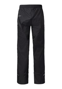 Pantalons imperméables noirs avec une taille élastique, des accents en velcro aux poignets, et une texture de tissu lisse et léger.