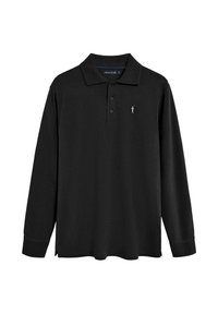 Zwarte poloshirt met lange mouwen, gemaakt van katoen; heeft een klassieke kraag, een drieknopssluiting en een klein geborduurd logo op de borst.