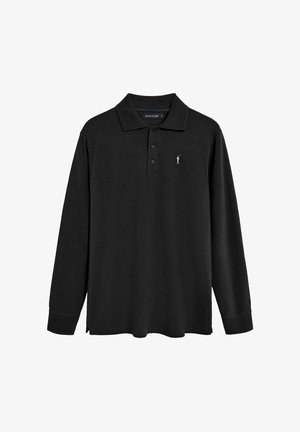 Polo shirt a maniche lunghe nera in cotone; presenta un colletto classico, una chiusura con tre bottoni e un piccolo logo ricamato sul petto.