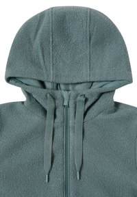Sweat à capuche en teal atténué. Il se distingue par une capuche doublée, une fermeture éclair à l'avant avec des tirettes personnalisées et des cordons de serrage réglables. Texture douce.