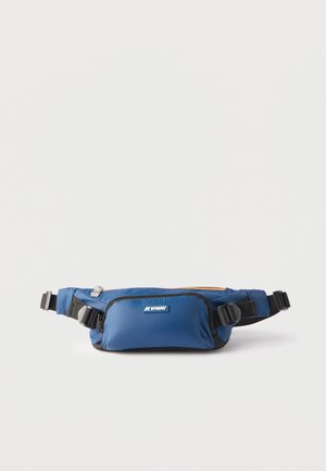 Blue K-Way waist bag with front zip pocket and adjustable black straps on a white background.