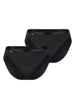 Culottes de bikini noires pour femmes, avec panneaux latéraux en dentelle et ceinture en satin, présentées sur un fond blanc.