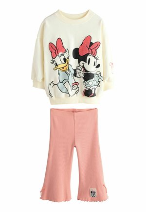 Sweatshirt cu mânecă lungă pentru copii, cu Daisy și Minnie ținându-se de mână, asortat cu pantaloni cu evaziune roz, având o broderie cu Minnie.