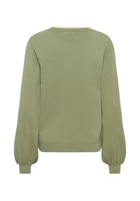 Svetlozelený dlhý sveter s dlhými rukávmi, so žebrovanými manžetami a lemom, s hladkým zadným dielom a jemnou pletenou textúrou.