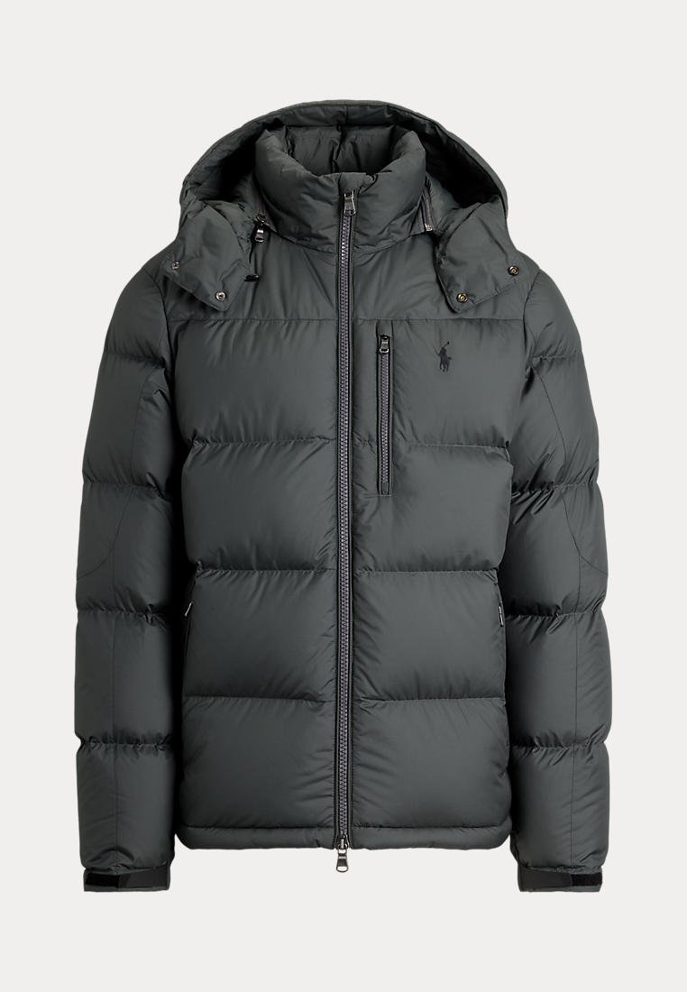 Veste d'hiver matelassée gris foncé avec capuche amovible, fermeture éclair à l'avant, poche poitrine et manches longues avec poignets réglables.