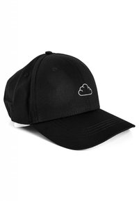 Black baseball cap made of fabric with a curved visor. Features white embroidered cloud logo on the front and stitching accents.