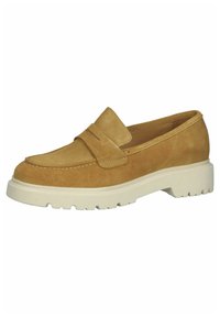 Tan suede loafer with a rounded toe, featuring a decorative strap on the upper and a white rubber sole with a textured tread.