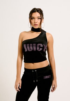 Black velvet one-shoulder crop top with rhinestone "JUICY" text. High waist matching pants with "JUICY" accent. Smooth texture, fitted design.