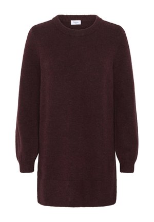 Pull en maille bordeaux à manches longues avec col rond côtelé, bords de manche et ourlet, comportant une petite étiquette à l'intérieur du col.