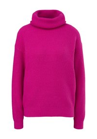 Pull à col roulé côtelé rose vif en maille, à manches longues et coupe décontractée, présenté sur fond blanc.