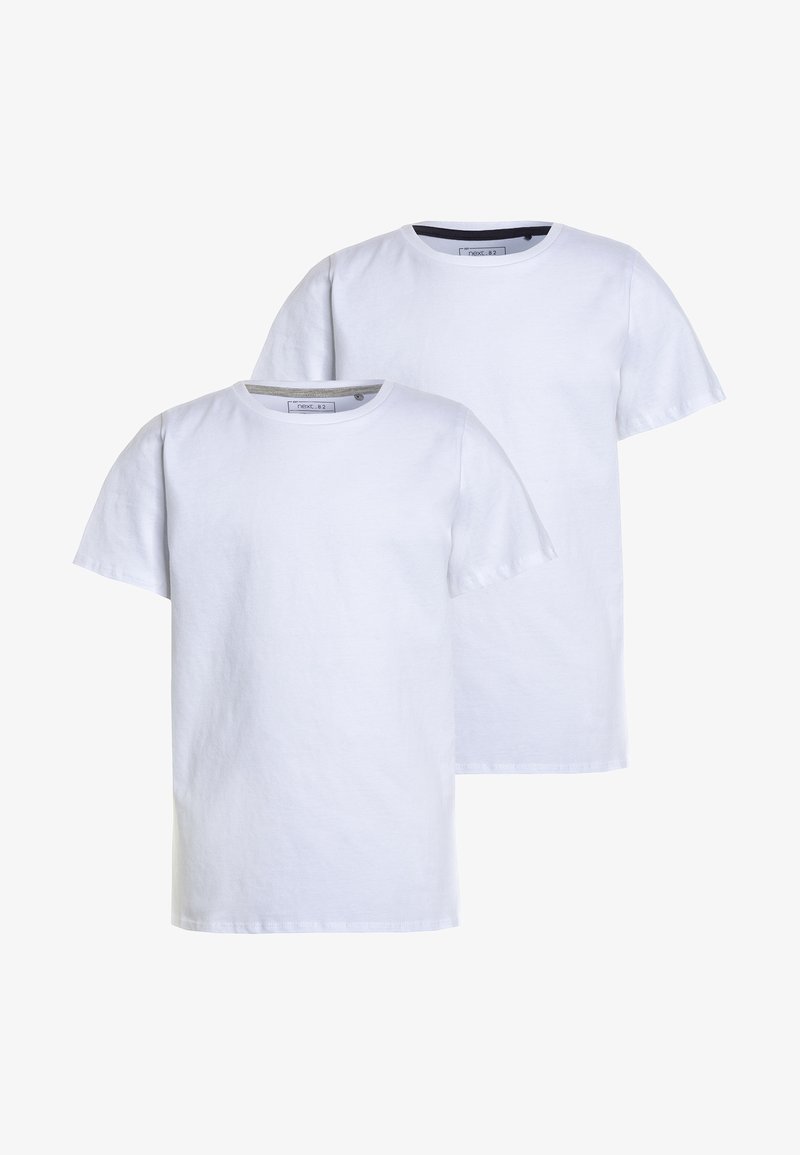Zwei weiße Baumwoll-T-Shirts mit kurzen Ärmeln, runder Halsöffnung und geradem Saum. Keine sichtbaren Muster oder Verzierungen.
