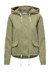 Olivově zelená lehká bunda s kapucí, stahovací pasem, předními kapsami a stříbrnými kovovými detaily. Obsahuje prošívaný design.