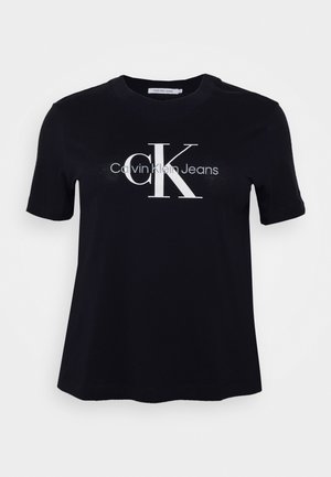 Czarny T-shirt z krótkim rękawem z białym logo "CK" i napisem "Calvin Klein Jeans" na środku przedniej części.