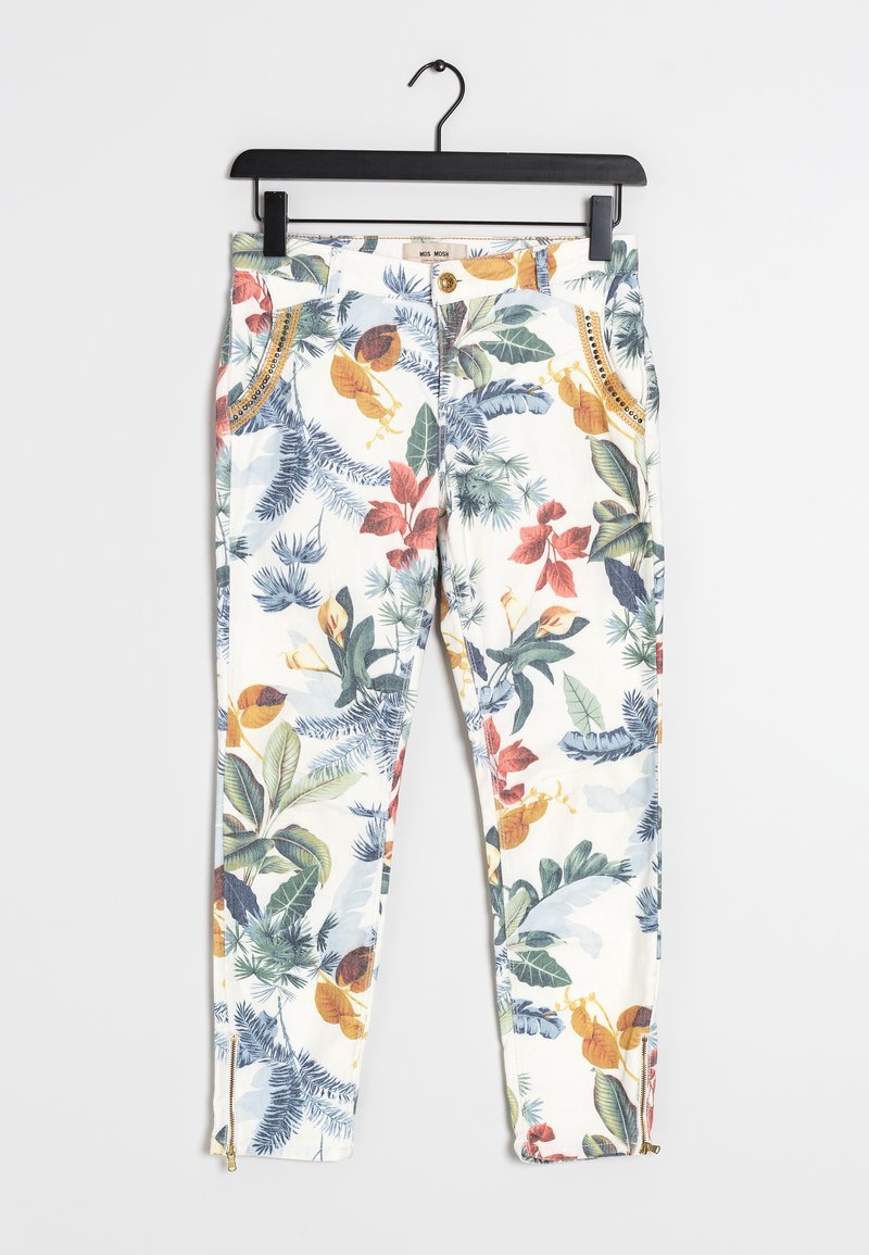 Pantaloni con stampa floreale bianca, caratterizzati da foglie colorate e insetti. Presentano zip laterali alle caviglie e una chiusura con bottone dorato.