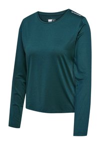 Groen sportshirt met lange mouwen van gladde stof, voorzien van een ronde hals, een gemusterde textuur en een logo-accent op de schouder.