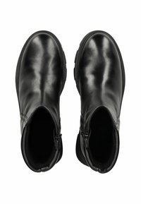 Stivaletti neri in pelle con finitura lucida, chiusure a cerniera, punte arrotondate e suole in gomma texture.
