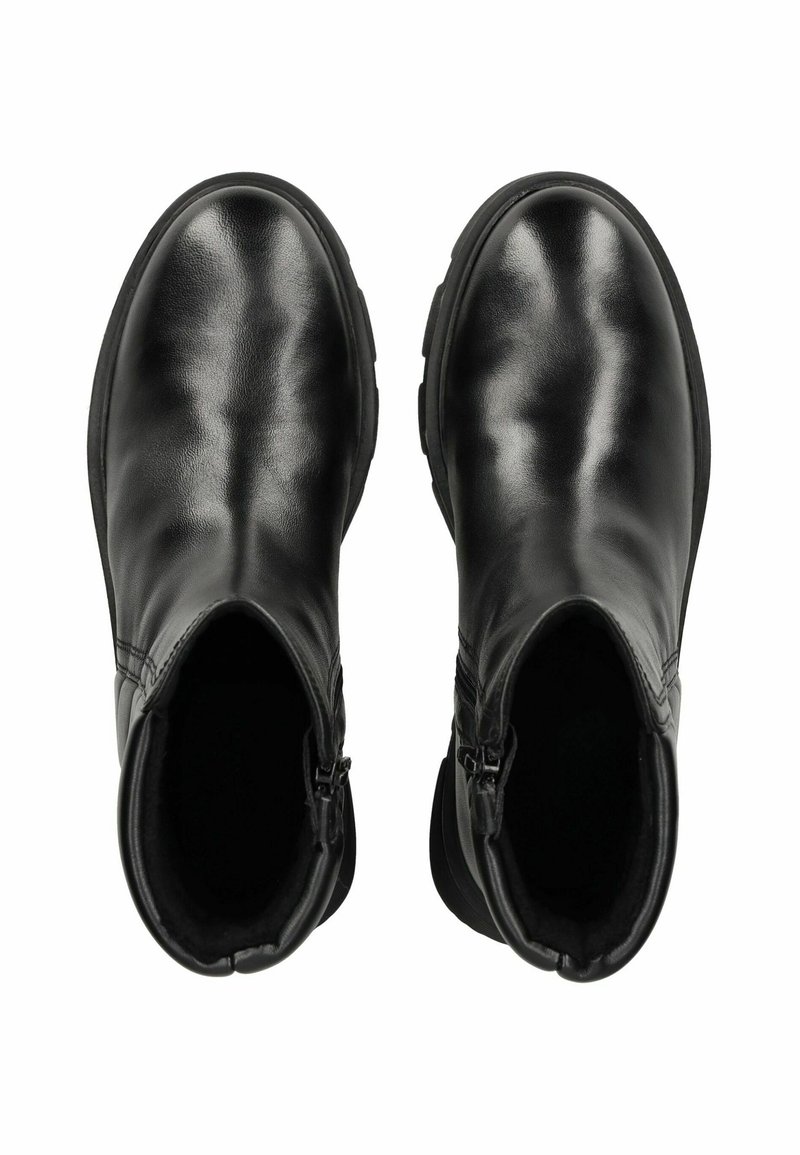 Czarne skórzane botki za kostkę z błyszczącym wykończeniem, zamkiem błyskawicznym, zaokrąglonymi noskami i teksturowanymi gumowymi podeszwami.