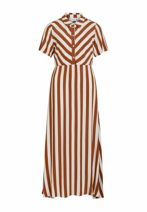 Maxikleid mit kurzen Ärmeln in braun-weißen Streifen, mit durchgehender Knopfleiste und Kragen, mit vertikalem und diagonalem Streifenmuster.