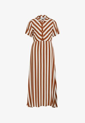Robe maxi à manches courtes rayée marron et blanche avec une patte de boutonnage devant et un col, présentant des motifs de rayures verticales et diagonales.